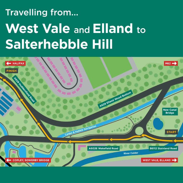 View of the area with arrow linking West Vale to Halifax via the A6026 Wakefield Road and Stainland slip road.